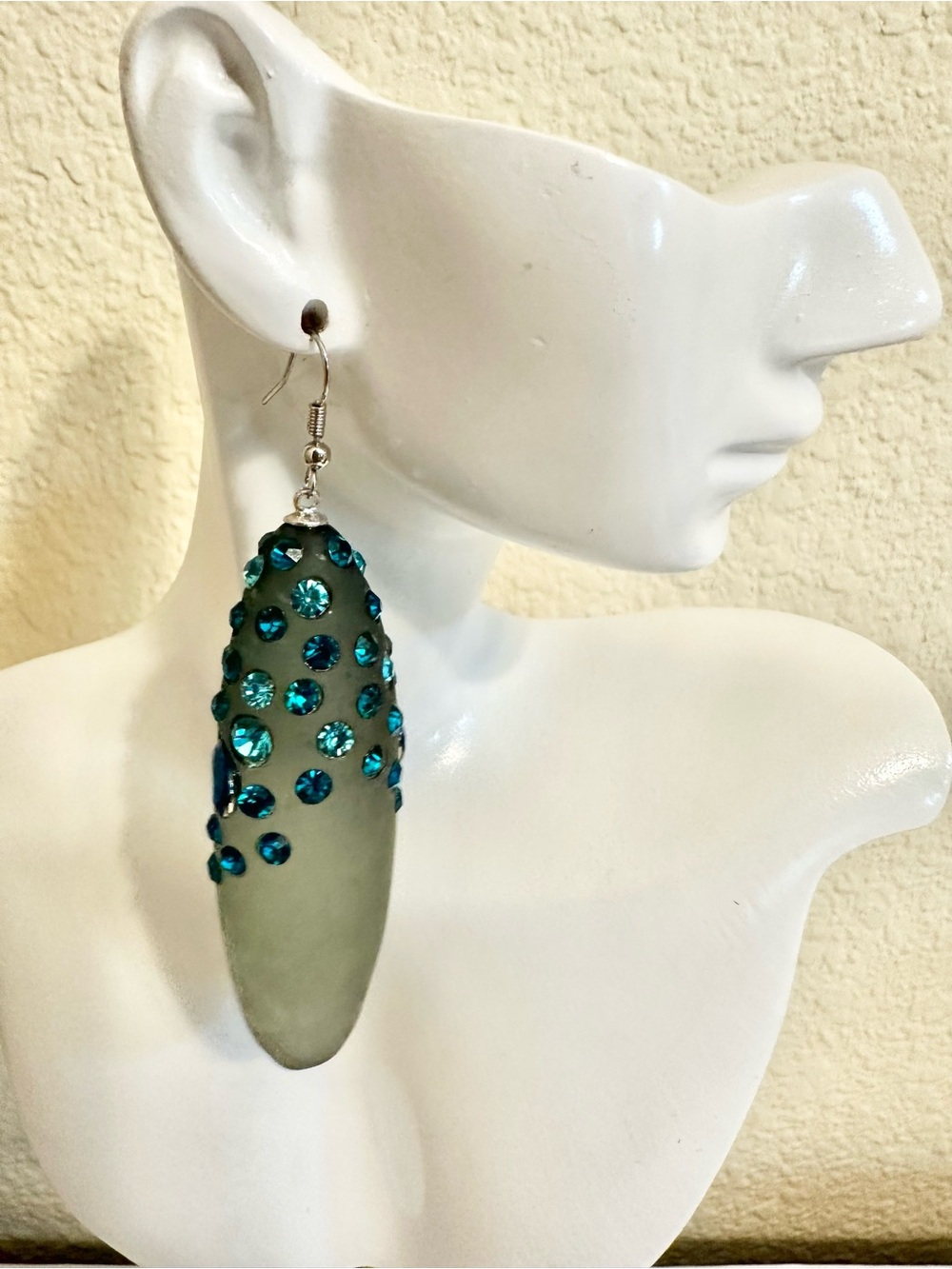 4” Stunning Vintage Genuine Sage Lucite & Teal Crystal Earrings-Moderate Weight